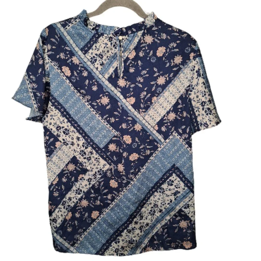 Cooper & Ella Blue Ruffle Keyhole Patterned Blouse Size Large